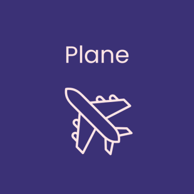 Plane Simple outline of a plane on a purple background, with the word "Plane" above it.