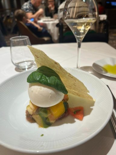 A white plate has some tomatoes and a ball of burrata on top decorated with a basil leaf