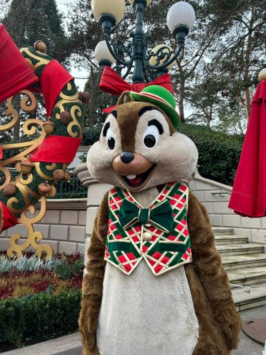 Chip wearing a green and red checked waistcoat with a green bow