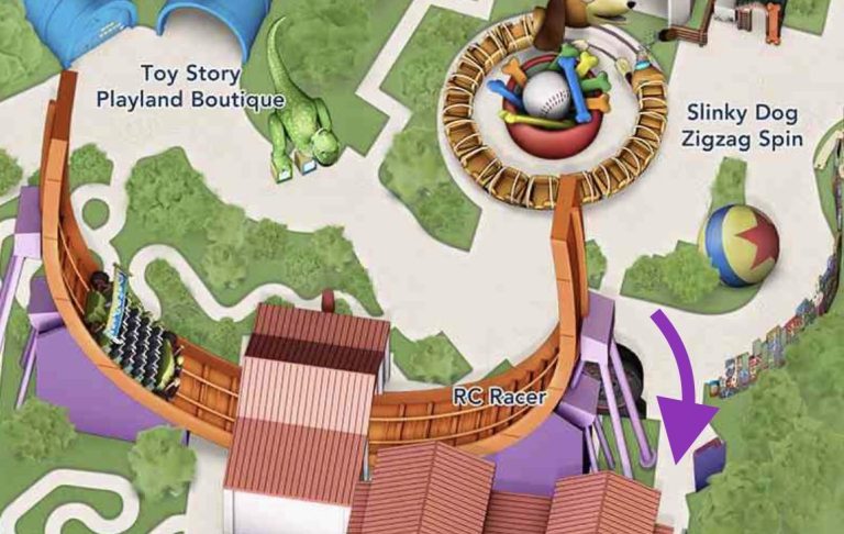 Image shows on a map that the accessible entrance tot he ride is directly opposite Slinky Dog, to the left side of the ride