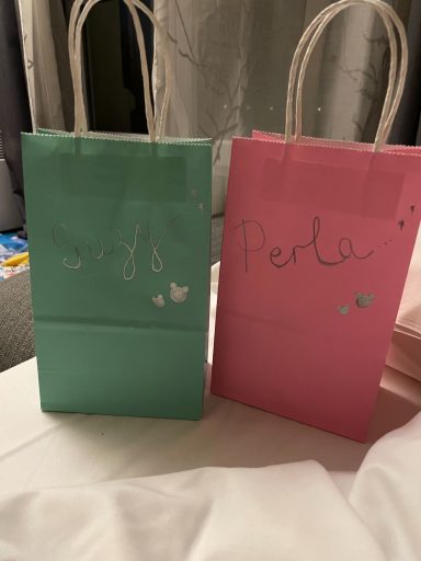 Image shows a green and a pink paper gift bag, the green says Suzy on it and the Pink says Perla on it