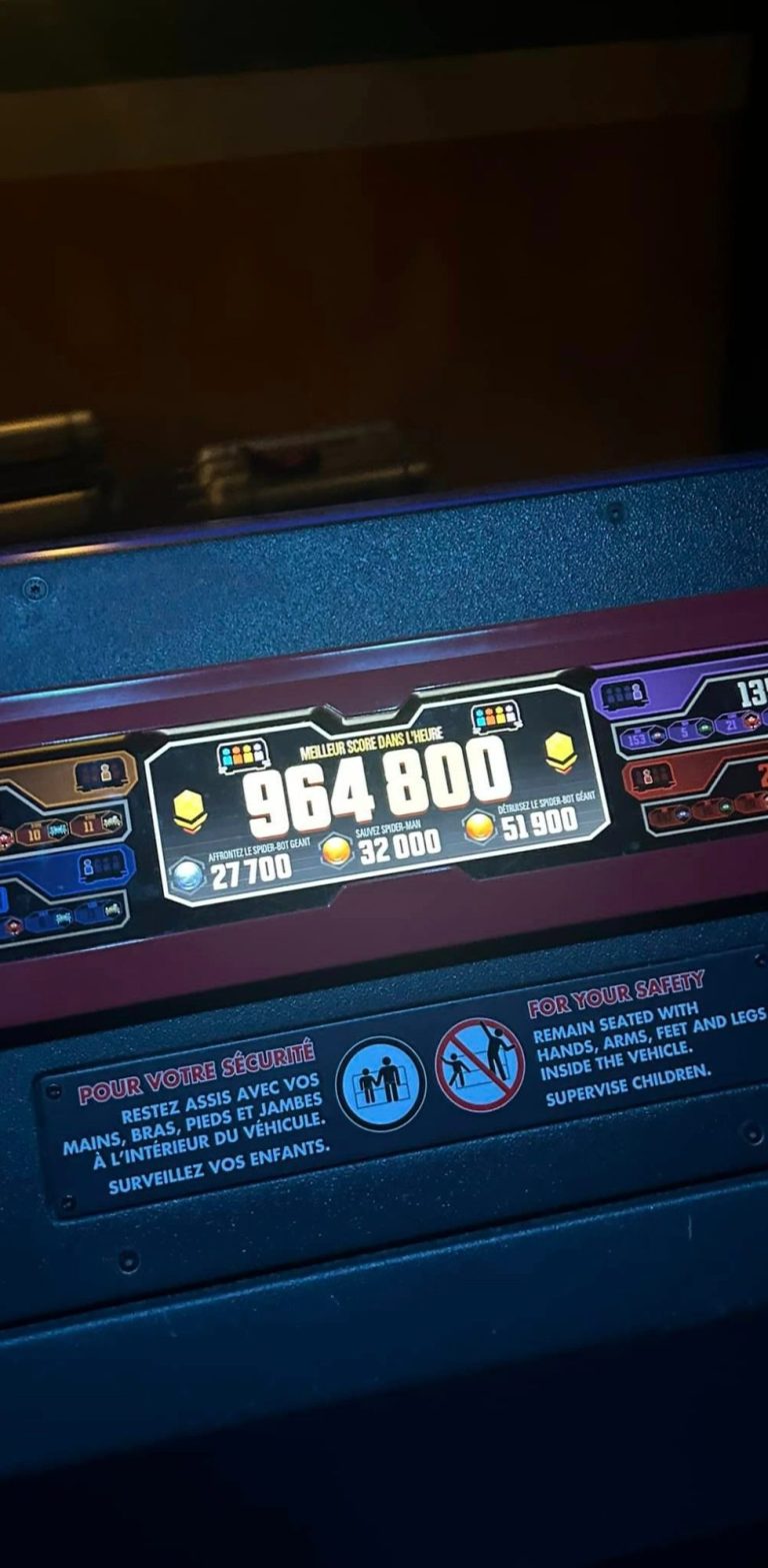 Image shows the in vehicle score board on the web slingers ride