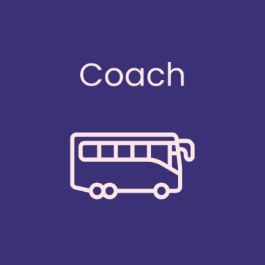 Coach Line drawing of a coach bus on a purple background with the word "Coach" above it.
