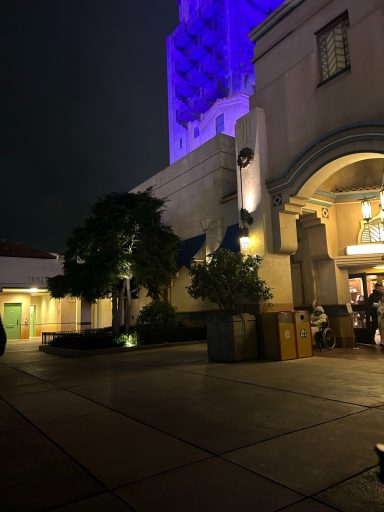 Image showing the exterior of the ride building, lit up at night