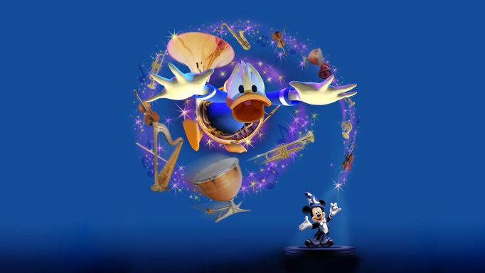 Image shows Donald duck flying through the air in a swirl of musical instruments 