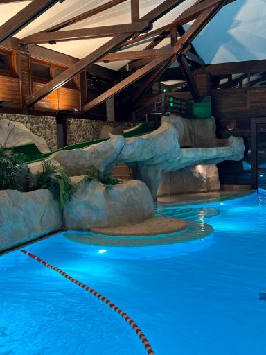 Image of an indoor pool with rocks and wooden beans 