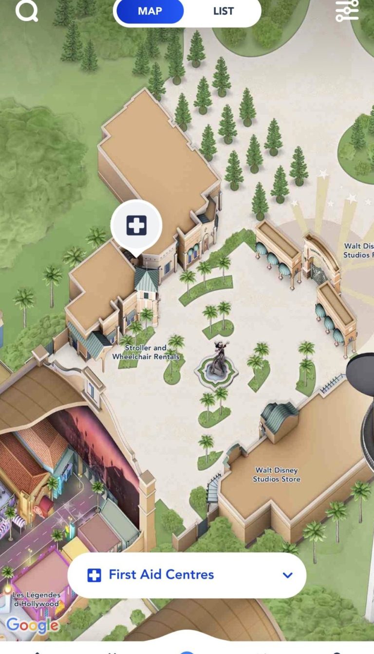 Image of the disneyland paris map showing the first aid location in the Studios Park