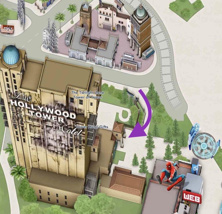 Image shows on a map that the accessible entrance tot he ride is to the left side of the ride, through the gift shop