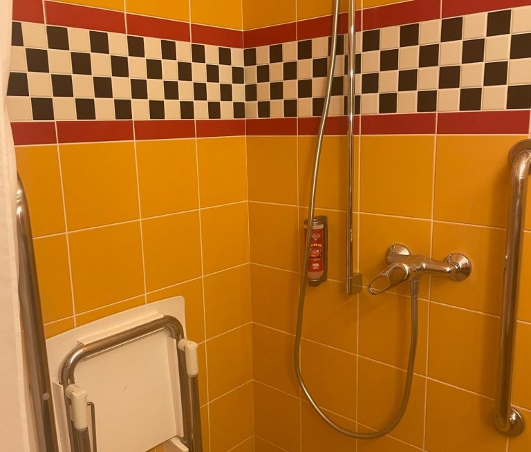 Image of a shower area of the bathroom with a fold down shower chair, grabrails and a bottle of shower gel