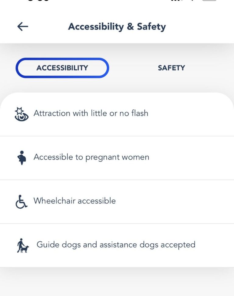 Screenshot from a section of the disneyland paris app showing the accessibility of a ride