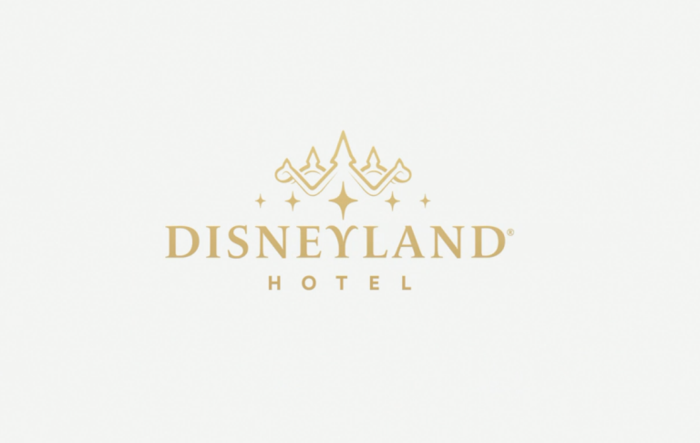 The new Disneyland Hotel logo, gold writing saying Disneyland Hotel on a white background with a line image of the shape of the hotel