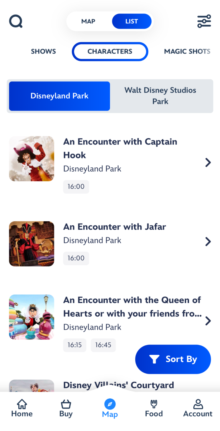 Image of a screen from the app showing a list of character meets