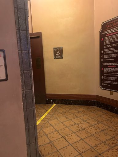 a brown tiled floor and cream walls, on one wall is a wheelchair symbol