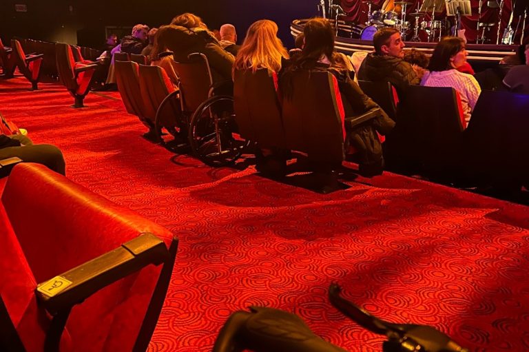 The image shows some red fold down chairs in a theatre with spaces for wheelchairs