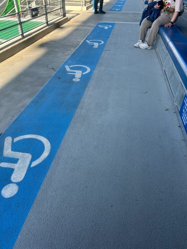 Grey flooring with a bench behind it and blue paint with wheelchair symbols on the floor