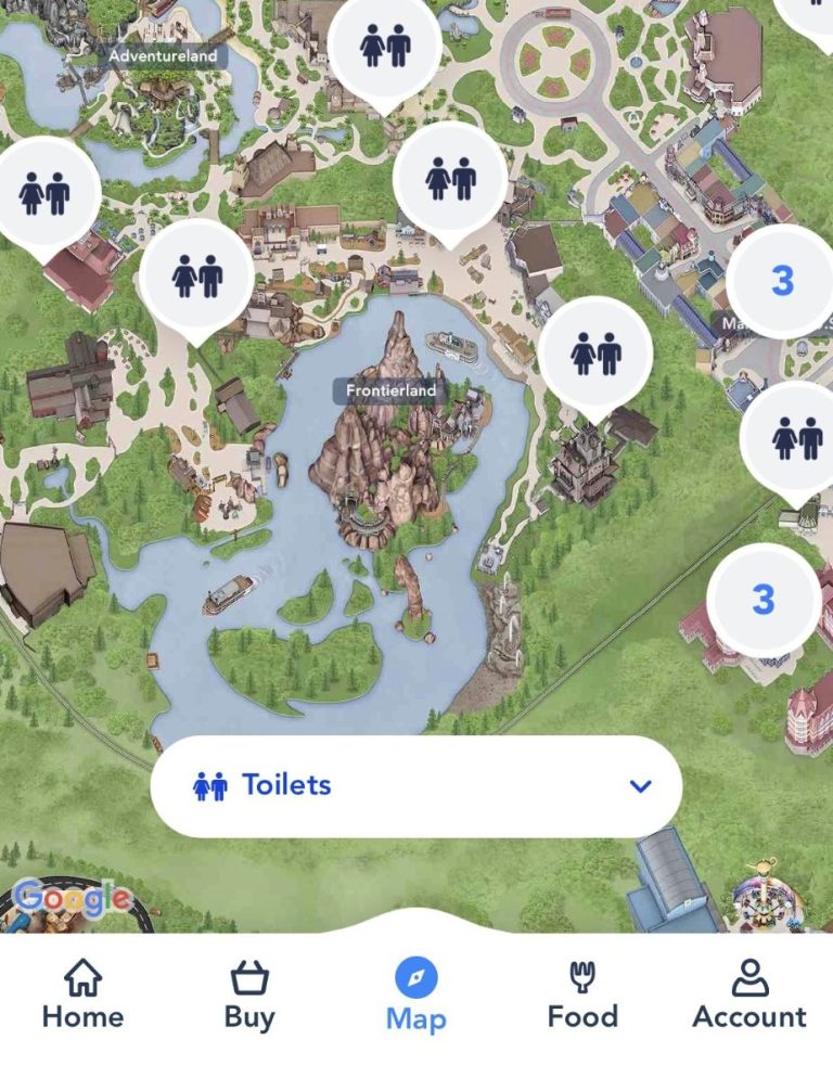 Image of the disneylamd paris map showing toilet locations, found by filtering for toilets in the menu