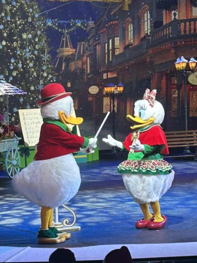 Donald and Daisy in festive outfits on stage