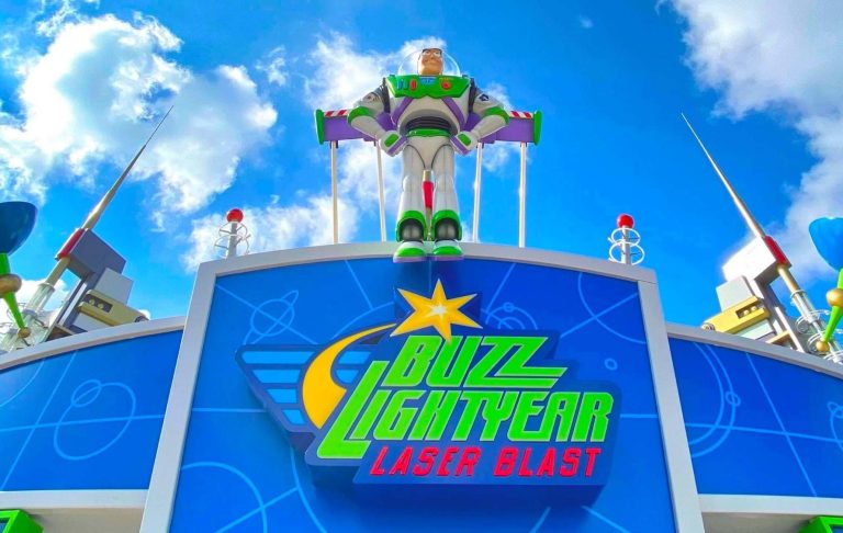 Image shows the ride entrance with a statue of Buzz Lightyear