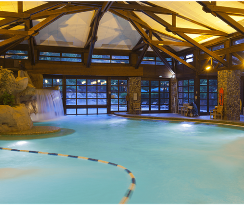 Image shows an indoor swimming pool themed with rocks and dark wood beams