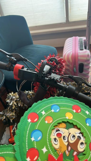 Bike attachment on my chair covered in tinsel