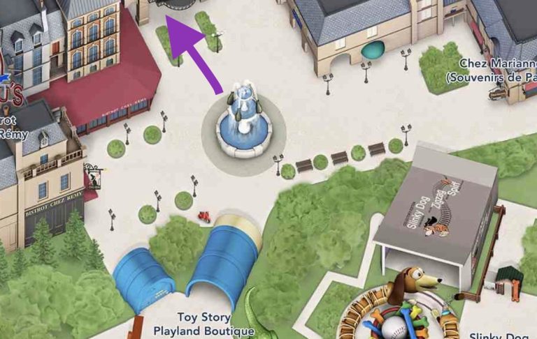 Image shows on a map that the accessible entrance to the ride is opposite the fountain