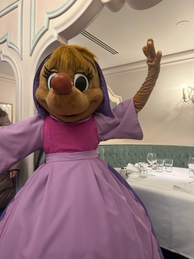 Image of Perla the mouse in her pink and purple dress