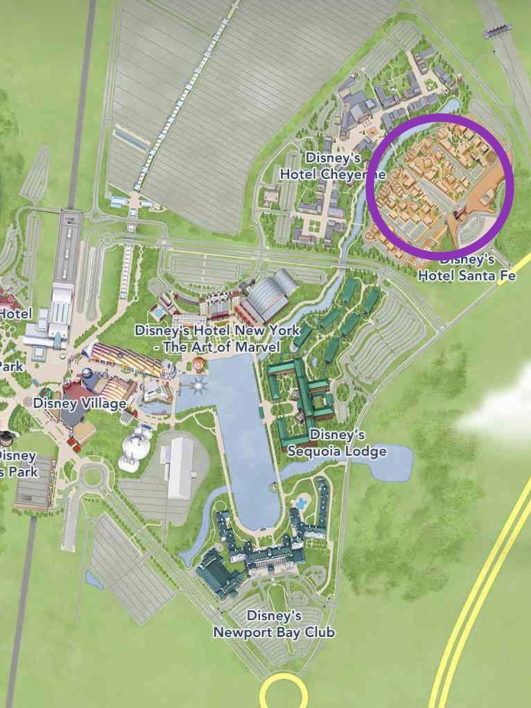 Map showing the location of santa Fe, near to Hotel cheyenne and a bit further than the disney lake