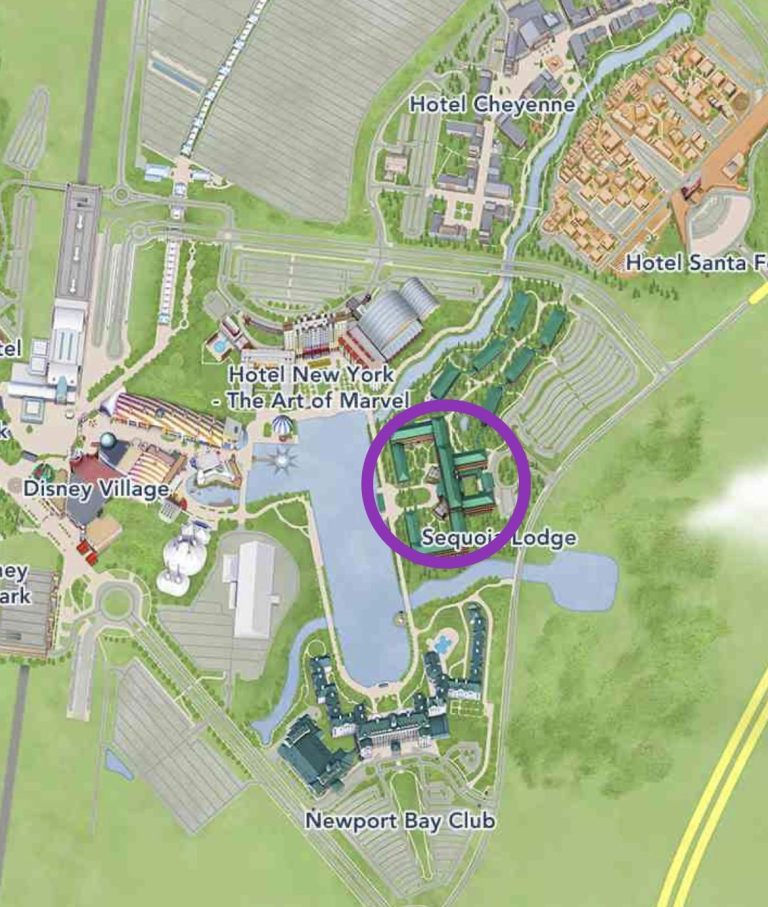 Map showing the location of Sequoia Lodge at the edge of lake disney 