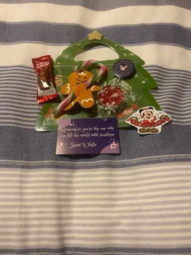 A christmas tree shaped bag with a candy cane, chocolate, tealight, sticker and a badge