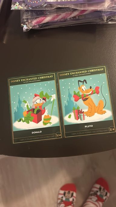 Image of two cards, one with Donald and one with Pluto on in festive outfits