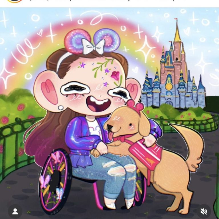 Image shows a hand drawing of Lizzy and Henry, with a pink castle in the background, lizzy is in her oink wheelchair and is wearing disney ears