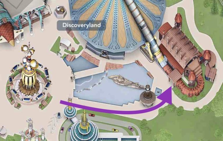 Image shows on a map that the accessible entrance is down the path between autopia and nautilus