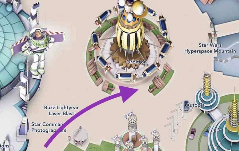 Image shows on a map that the accessible entrance to the ride is close to Autopia