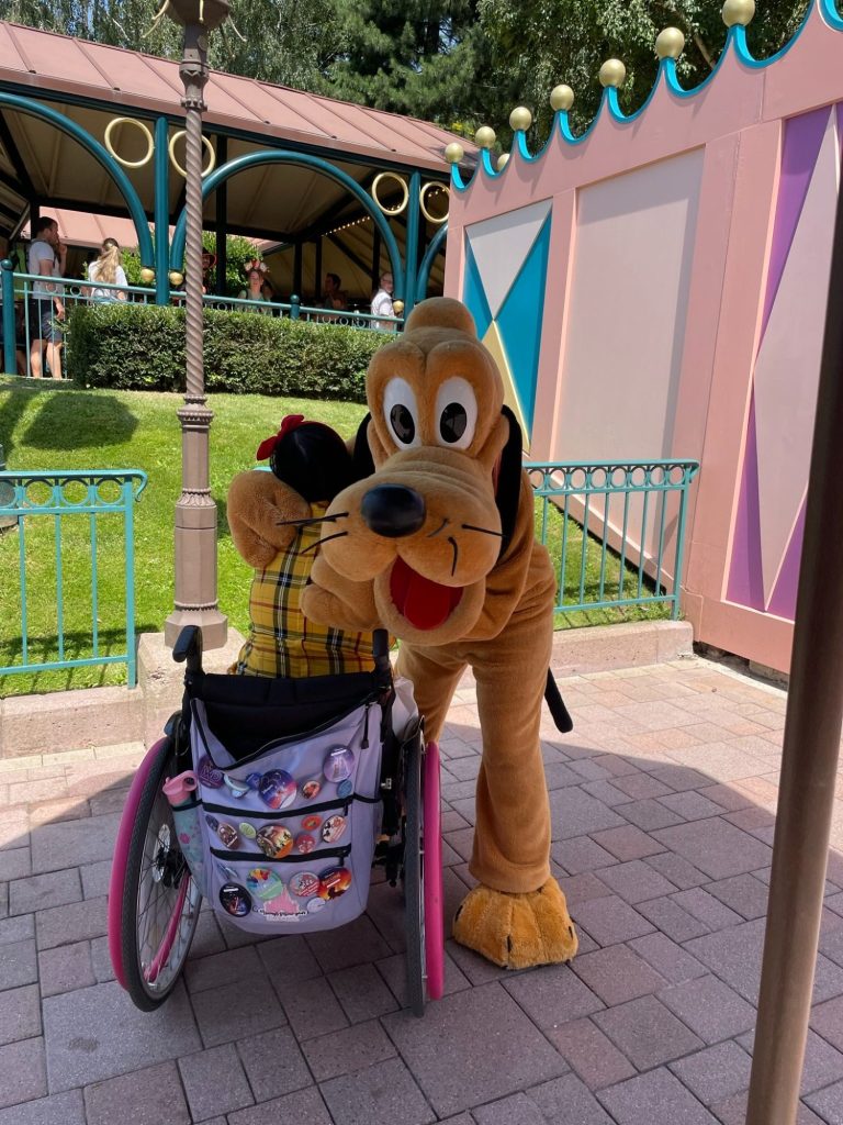 The back of a wheelchair user hugging pluto