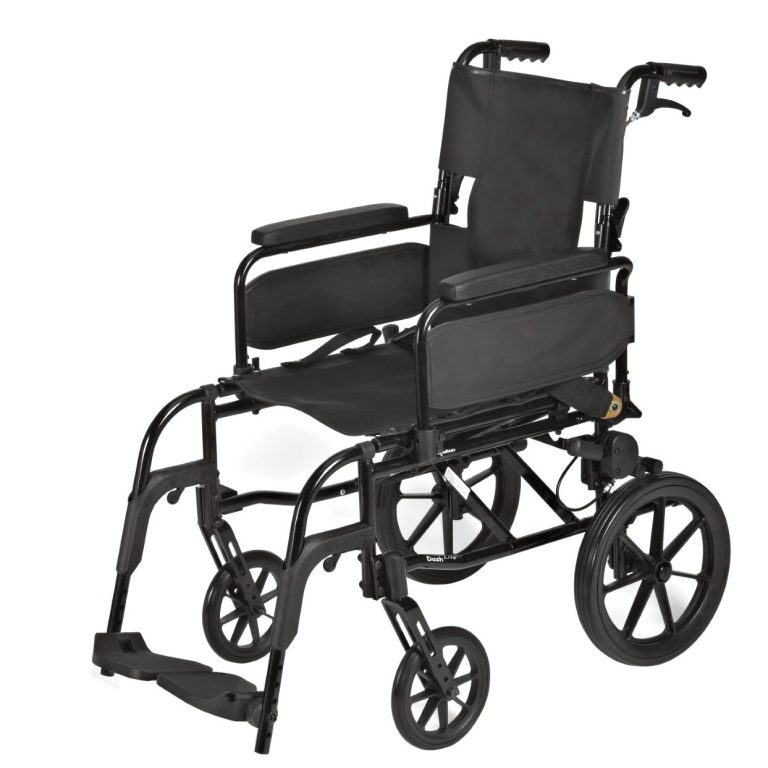 Image is of a black wheelchair with small rear wheels