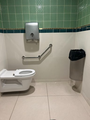 White toilet in a cubicle that has green and white tiles, there is a handrail next to the toilet